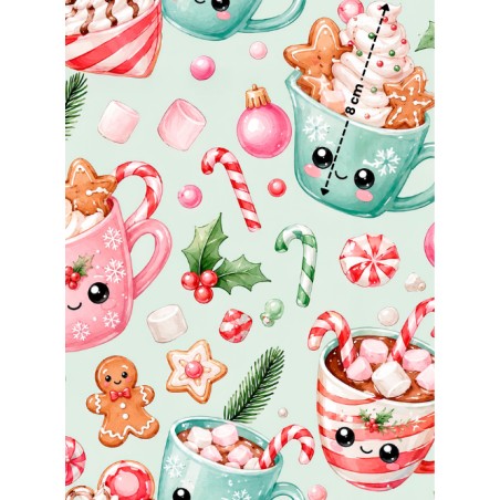 Tissu « Tasses de Noël » – Chocolats Chauds, Sucreries et Gourmandises de Noël en Aquarelle – Certifié Oeko-Tex®