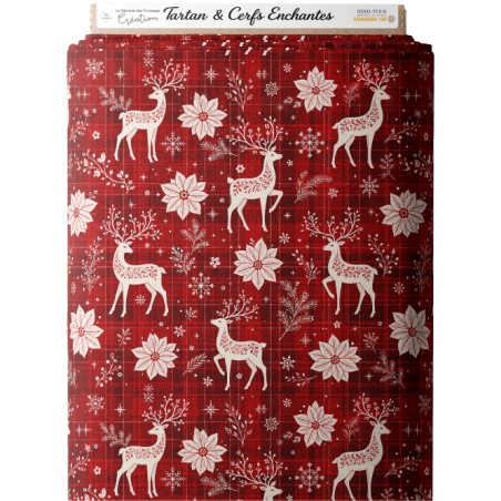 Tissu « Tartan & Cerfs Enchantés » – Cerfs Blancs, Fleurs de Noël et Carreaux Rouges – Certifié Oeko-Tex®