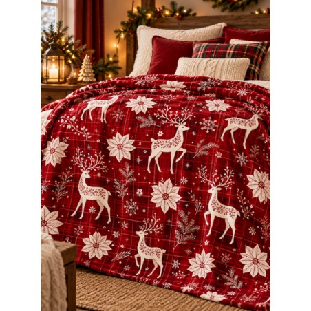 Tissu « Tartan & Cerfs Enchantés » – Cerfs Blancs, Fleurs de Noël et Carreaux Rouges – Certifié Oeko-Tex®