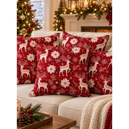 Tissu « Tartan & Cerfs Enchantés » – Cerfs Blancs, Fleurs de Noël et Carreaux Rouges – Certifié Oeko-Tex®
