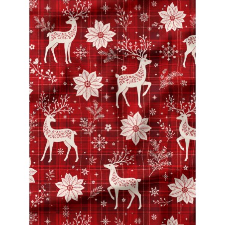 Tissu « Tartan & Cerfs Enchantés » – Cerfs Blancs, Fleurs de Noël et Carreaux Rouges – Certifié Oeko-Tex®