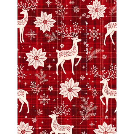 Tissu « Tartan & Cerfs Enchantés » – Cerfs Blancs, Fleurs de Noël et Carreaux Rouges – Certifié Oeko-Tex®