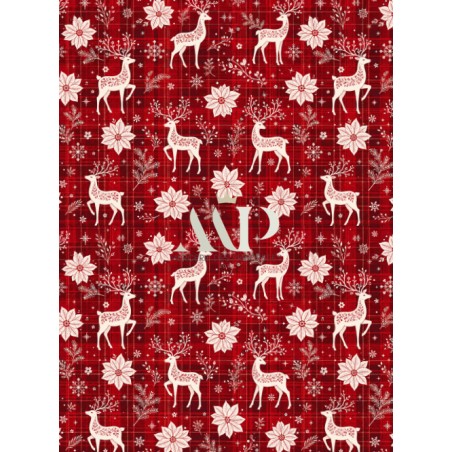Tissu « Tartan & Cerfs Enchantés » – Cerfs Blancs, Fleurs de Noël et Carreaux Rouges – Certifié Oeko-Tex®