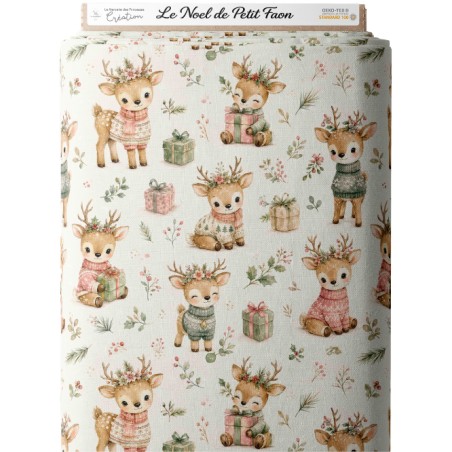 Tissu « Le Noël de Petit Faon » – Adorables Faons, Cadeaux et Douceur de Noël en Aquarelle – Certifié Oeko-Tex®