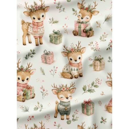 Tissu « Le Noël de Petit Faon » – Adorables Faons, Cadeaux et Douceur de Noël en Aquarelle – Certifié Oeko-Tex®