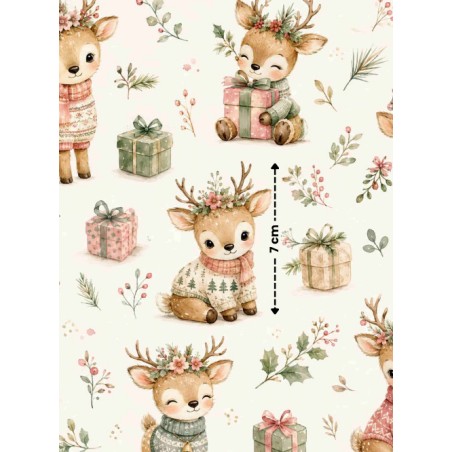 Tissu « Le Noël de Petit Faon » – Adorables Faons, Cadeaux et Douceur de Noël en Aquarelle – Certifié Oeko-Tex®