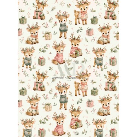 Tissu « Le Noël de Petit Faon » – Adorables Faons, Cadeaux et Douceur de Noël en Aquarelle – Certifié Oeko-Tex®