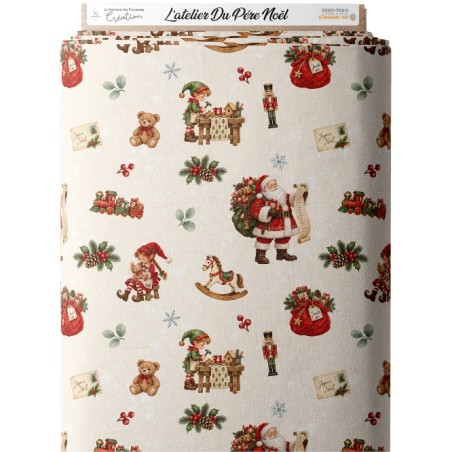 Tissu « L’Atelier du Père Noël » – Lutins, Jouets et Magie de Noël en Aquarelle – Certifié Oeko-Tex®