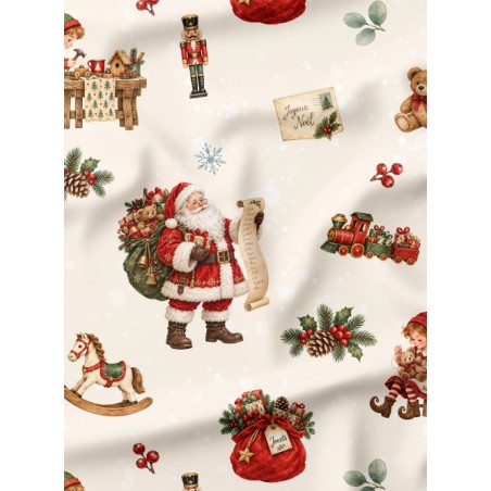 Tissu « L’Atelier du Père Noël » – Lutins, Jouets et Magie de Noël en Aquarelle – Certifié Oeko-Tex®