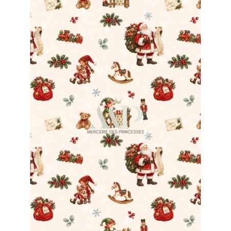 Tissu « L’Atelier du Père Noël » – Lutins, Jouets et Magie de Noël en Aquarelle – Certifié Oeko-Tex®