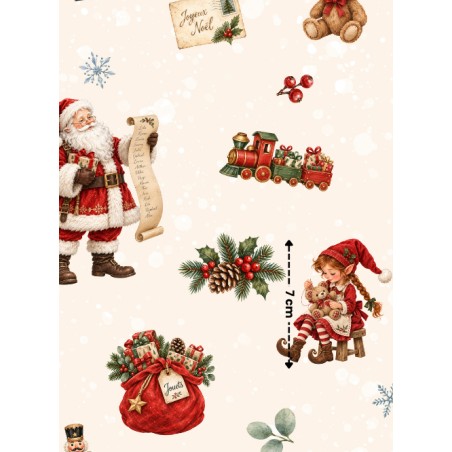 Tissu « L’Atelier du Père Noël » – Lutins, Jouets et Magie de Noël en Aquarelle – Certifié Oeko-Tex®