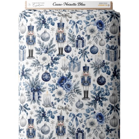 Tissu « Casse-Noisette Bleu » – Soldats de Noël, Fleurs Givrées et Décorations Féeriques en Aquarelle – Certifié Oeko-Tex®