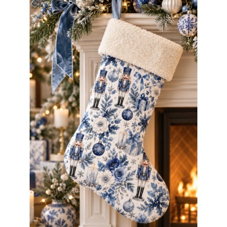 Tissu « Casse-Noisette Bleu » – Soldats de Noël, Fleurs Givrées et Décorations Féeriques en Aquarelle – Certifié Oeko-Tex®
