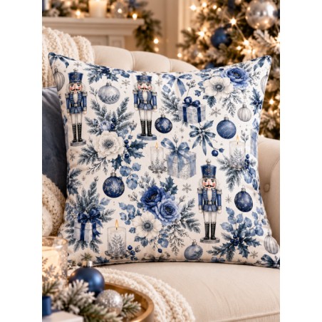 Tissu « Casse-Noisette Bleu » – Soldats de Noël, Fleurs Givrées et Décorations Féeriques en Aquarelle – Certifié Oeko-Tex®