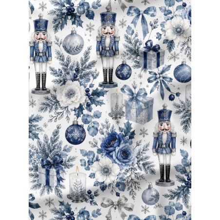 Tissu « Casse-Noisette Bleu » – Soldats de Noël, Fleurs Givrées et Décorations Féeriques en Aquarelle – Certifié Oeko-Tex®