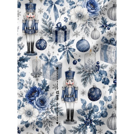 Tissu « Casse-Noisette Bleu » – Soldats de Noël, Fleurs Givrées et Décorations Féeriques en Aquarelle – Certifié Oeko-Tex®
