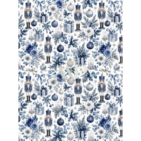 Tissu « Casse-Noisette Bleu » – Soldats de Noël, Fleurs Givrées et Décorations Féeriques en Aquarelle – Certifié Oeko-Tex®