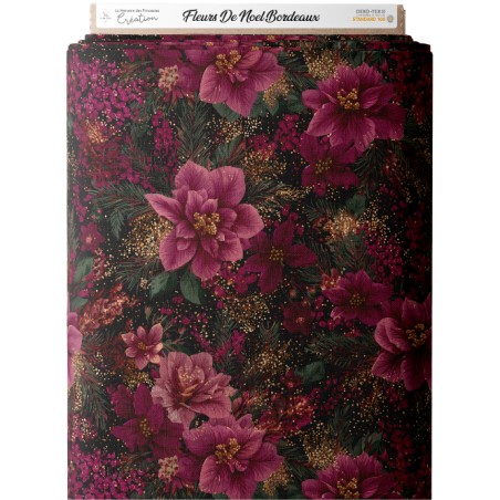 Tissu « Fleurs de Noël Bordeaux » – Élégance Florale et Magie des Fêtes – Certifié Oeko-Tex®