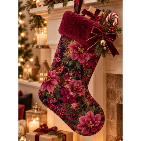 Tissu « Fleurs de Noël Bordeaux » – Élégance Florale et Magie des Fêtes – Certifié Oeko-Tex®