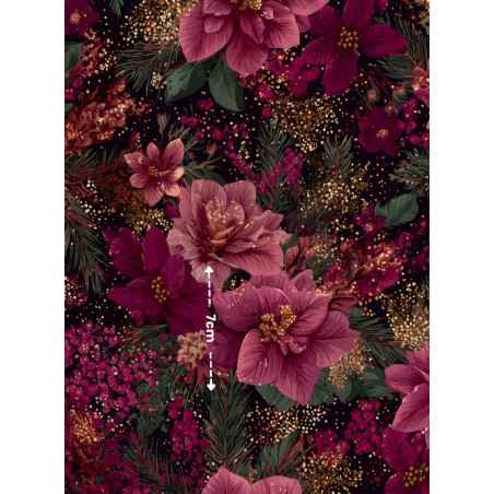 Tissu « Fleurs de Noël Bordeaux » – Élégance Florale et Magie des Fêtes – Certifié Oeko-Tex®