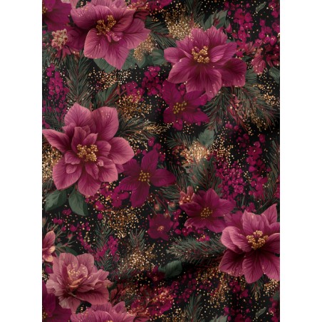 Tissu « Fleurs de Noël Bordeaux » – Élégance Florale et Magie des Fêtes – Certifié Oeko-Tex®