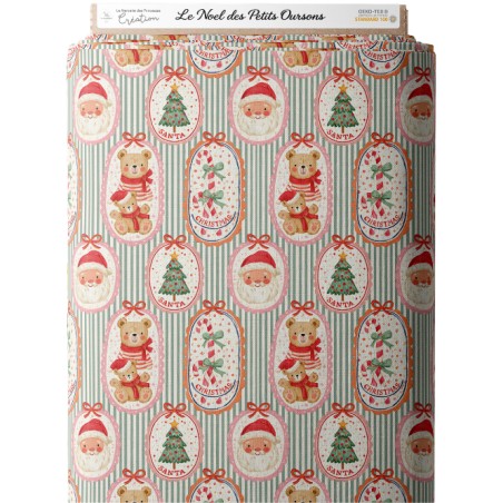 Tissu « Le Noël des Petits Oursons » – Adorables Oursons et Motifs de Noël Vintage – Certifié Oeko-Tex®