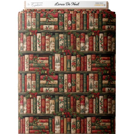 Tissu « Livres de Noël » – Bibliothèque Enchantée au Charme Vintage – Certifié Oeko-Tex®