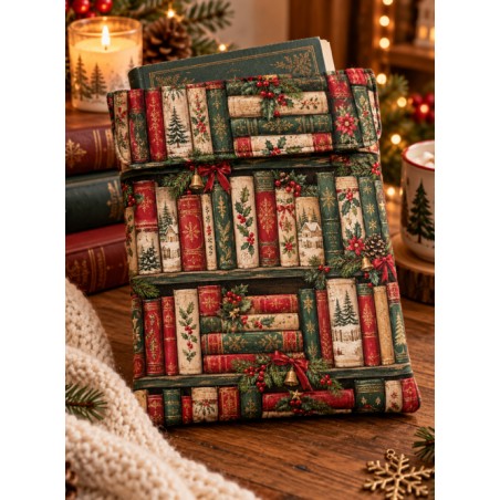 Tissu « Livres de Noël » – Bibliothèque Enchantée au Charme Vintage – Certifié Oeko-Tex®