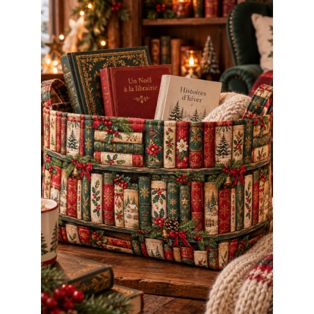Tissu « Livres de Noël » – Bibliothèque Enchantée au Charme Vintage – Certifié Oeko-Tex®