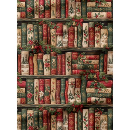 Tissu « Livres de Noël » – Bibliothèque Enchantée au Charme Vintage – Certifié Oeko-Tex®