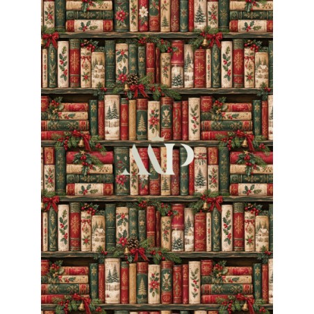 Tissu « Livres de Noël » – Bibliothèque Enchantée au Charme Vintage – Certifié Oeko-Tex®