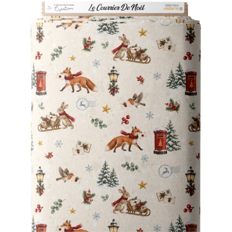 Tissu « Le Courrier de Noël » – Renards, Lapins et Lettres Magiques au Charme Vintage – Certifié Oeko-Tex®