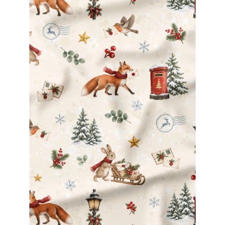 Tissu « Le Courrier de Noël » – Renards, Lapins et Lettres Magiques au Charme Vintage – Certifié Oeko-Tex®