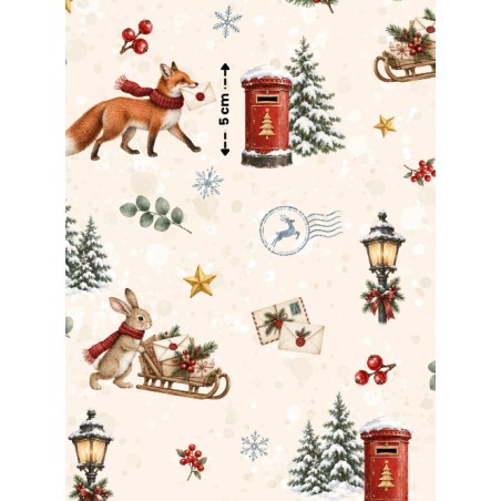 Tissu « Le Courrier de Noël » – Renards, Lapins et Lettres Magiques au Charme Vintage – Certifié Oeko-Tex®