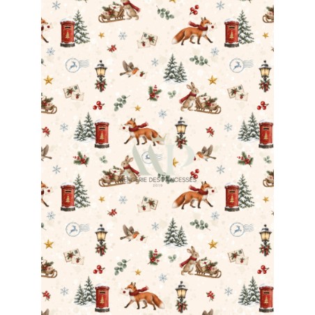 Tissu « Le Courrier de Noël » – Renards, Lapins et Lettres Magiques au Charme Vintage – Certifié Oeko-Tex®
