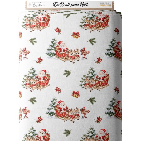 Tissu « En Route pour Noël » – Le Père Noël et ses Rennes Enchantés – Motif Aquarelle Certifié Oeko-Tex®