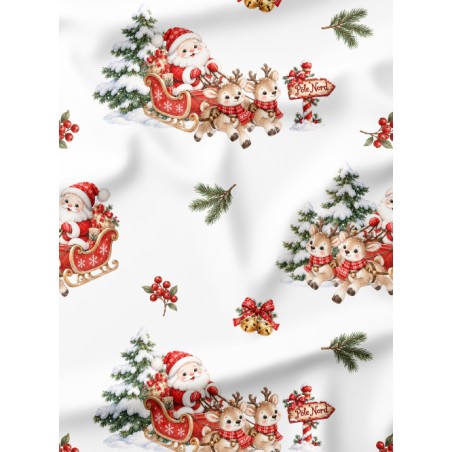 Tissu « En Route pour Noël » – Le Père Noël et ses Rennes Enchantés – Motif Aquarelle Certifié Oeko-Tex®