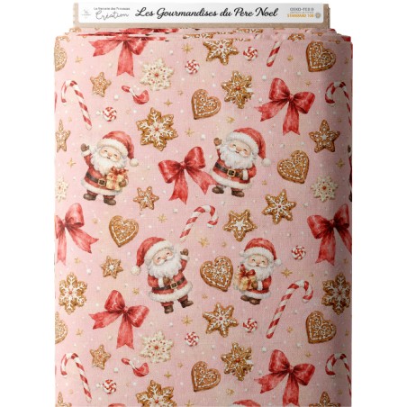 Tissu « Les Gourmandises du Père Noël » – Noël Gourmand et Féerique aux Tons Roses – Certifié Oeko-Tex®