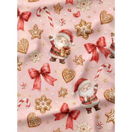 Tissu « Les Gourmandises du Père Noël » – Noël Gourmand et Féerique aux Tons Roses – Certifié Oeko-Tex®