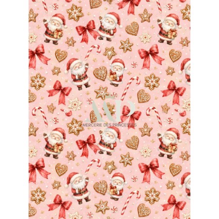 Tissu « Les Gourmandises du Père Noël » – Noël Gourmand et Féerique aux Tons Roses – Certifié Oeko-Tex®