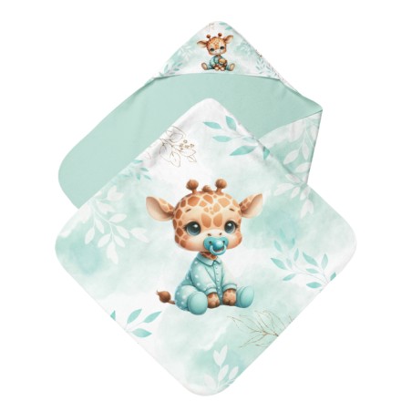 Panneau tissu pour cape de bain et lingettes motif Bébé Girafe Pastel Vert D'eau - Coton OEKO-TEX®