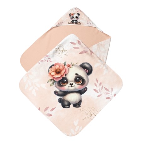Panneau tissu pour cape de bain et lingettes motif Bébé Panda Pastel Pêche - Coton OEKO-TEX®