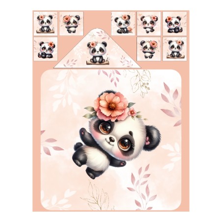 Panneau tissu pour cape de bain et lingettes motif Bébé Panda Pastel Pêche - Coton OEKO-TEX®