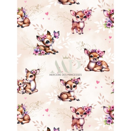 Tissu coton imprimé pour enfants Bébé Faon Pastel Beige - Certifié Oeko-Tex®
