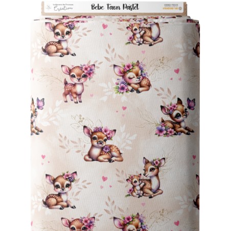 Tissu coton imprimé pour enfants Bébé Faon Pastel Beige - Certifié Oeko-Tex®