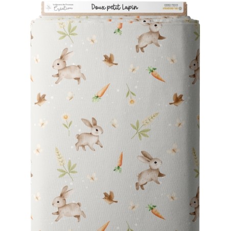 Tissu coton Doux petit lapin Oeko-Tex – Bébé animaux champêtres, fond écru - Certifié Oeko-Tex®