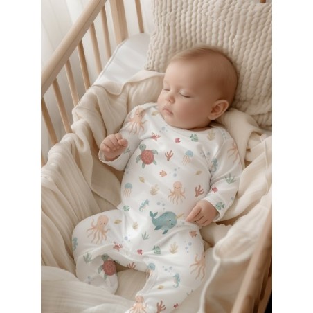 Tissu Douceur Marine bébé – Narval, pieuvre, tortue – Coton Oeko-Tex pastel - Certifié Oeko-Tex®