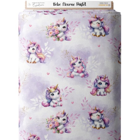 Tissu coton imprimé pour enfants Bébé Licorne Pastel Parme - Certifié Oeko-Tex®