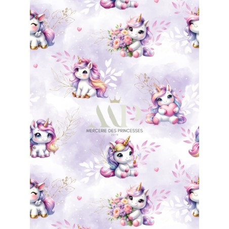 Tissu coton imprimé pour enfants Bébé Licorne Pastel Parme - Certifié Oeko-Tex®