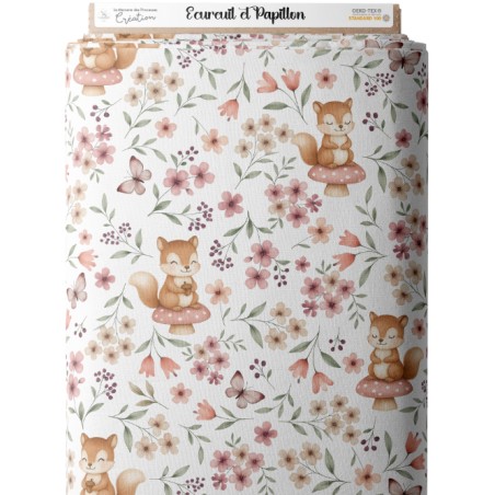 Tissu coton imprimé pour enfants Ecureuil et Papillon - Certifié Oeko-Tex®